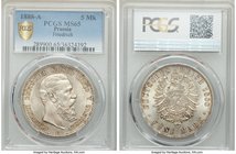 Prussia. Friedrich III 5 Mark 1888-A MS65 PCGS, Berlin mint, KM512. Only a one-year type, with substantial eye-appeal created by lustrous surfaces and...