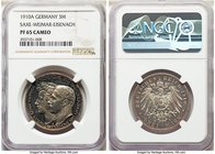 Saxe-Weimar-Eisenach. Wilhelm Ernst Proof 3 Mark 1910-A PR65 Cameo NGC, Berlin mint, KM221. An exquisite gem featuring eye-catching day-and-night cont...