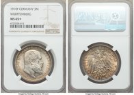 Württemberg. Wilhelm II 3 Mark 1910-F MS65+ NGC, Stuttgart mint, KM635, J-175. Satiny, with a satisfying halo of warm peripheral tone, the reverse dis...