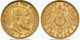 Württemberg. Wilhelm II gold 20 Mark 1905-F MS62 NGC, Stuttgart mint, KM634. Lustrous satin surface with hint of rose colored toning. AGW 0.2305 oz. 
...