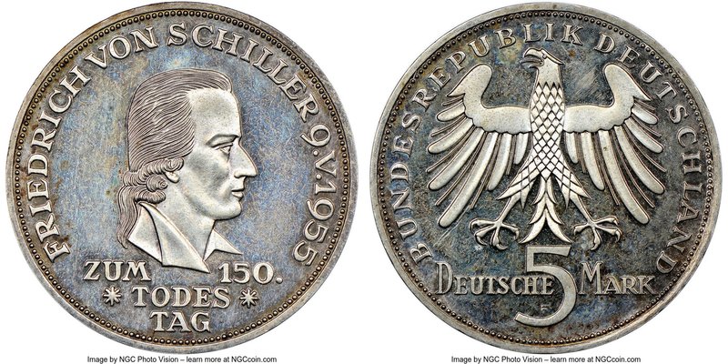 Federal Republic Proof "Schiller" 5 Mark 1955-F PR62 Cameo NGC, Stuttgart mint, ...