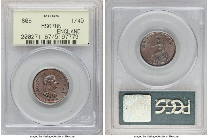 George III Farthing 1806-SOHO MS67 Brown PCGS, Soho mint, KM661, S-3782. Chestnu...
