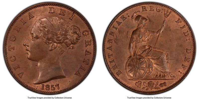Victoria 1/2 Penny 1857 MS64 Red and Brown PCGS, KM726, S-3949. A nice example b...