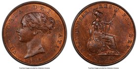 Victoria 1/2 Penny 1858/7 MS64 Red and Brown PCGS, KM726, S-3949. A sharply-struck overdate variety, mottled cobalt and magenta color sheening the sur...