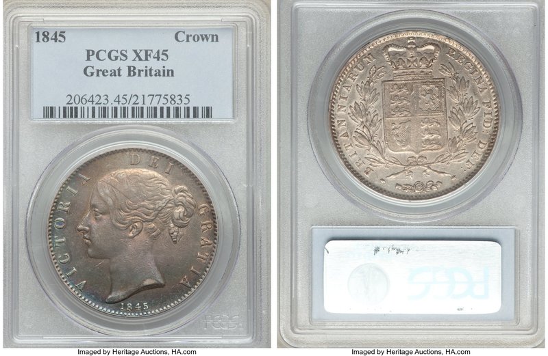 Victoria Crown 1845 XF45 PCGS, KM741, S-3882. Highly attractive with prominent r...