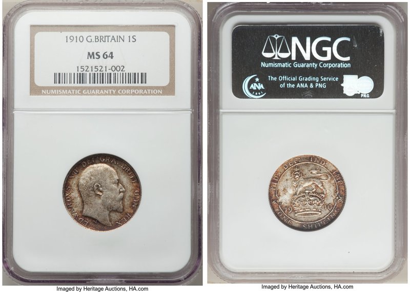 Edward VII Shilling 1910 MS64 NGC, KM800. Pleasantly toned with strong russet fl...