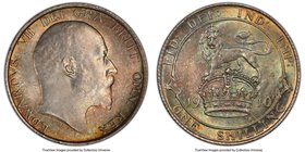 Edward VII Shilling 1910 MS64 PCGS, KM800. Wreathed in a rainbow of opalescence that intensifies on the reverse. 

HID09801242017