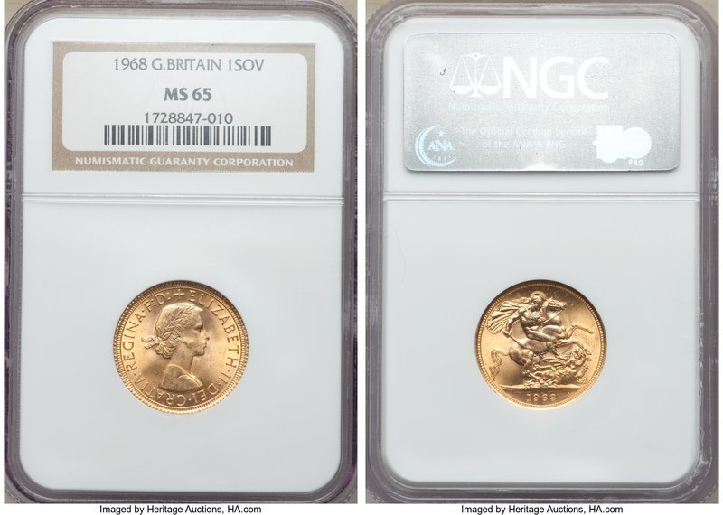 Elizabeth II gold Sovereign 1968 MS65 NGC, KM908. AGW 0.2355 oz. 

HID0980124201...