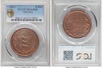 British Dependency 8 Doubles 1834 MS64 Red and Brown PCGS, KM3. Brilliantly lustrous with flaring red accents providing a special brightness to the su...