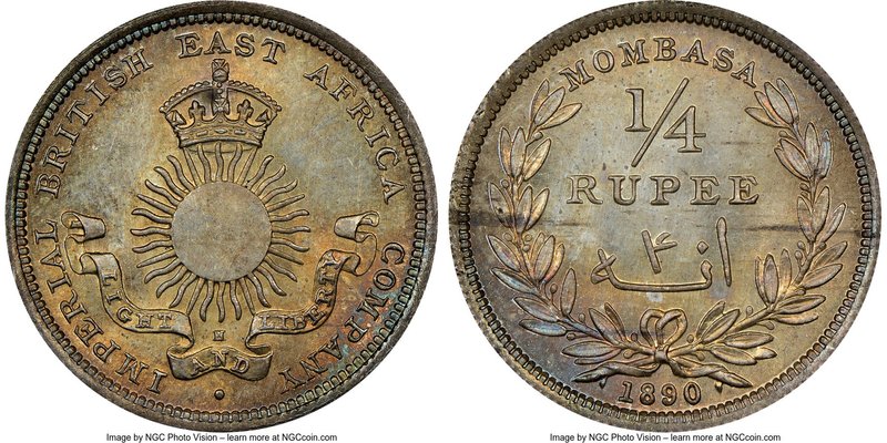 British Colony 1/4 Rupee 1890-H MS66 NGC, Heaton mint, KM3. Pastel toning over w...
