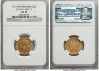 Nicholas I gold "Laureate Head" 20 Perpera 1910 AU50 NGC, KM11. Laureate head variety. A popular golden jubilee issue with radiant surfaces. 

HID0980...