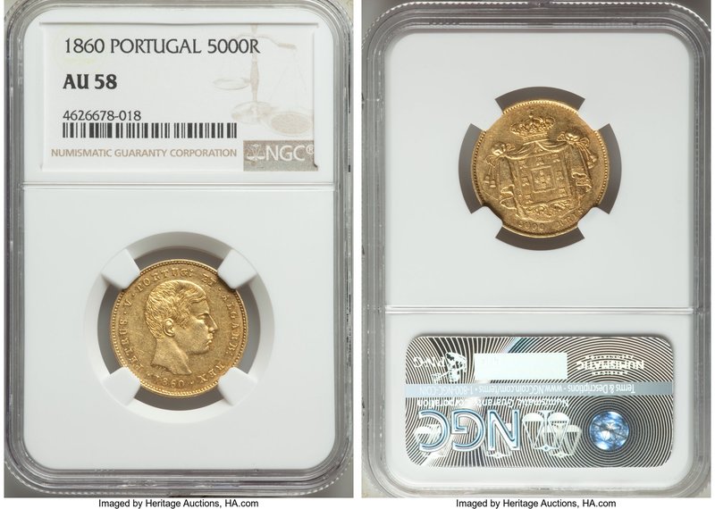 Pedro V gold 5000 Reis 1860 AU58 NGC, KM505.

HID09801242017