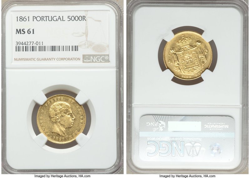 Pedro V gold 5000 Reis 1861 MS61 NGC, KM505. AGW 0.2614 oz. 

HID09801242017