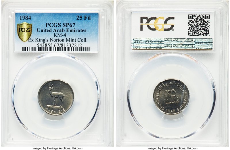 Republic Specimen 25 Fils AH 1404 (1984) SP67 PCGS, Kings Norton mint, KM4. Sati...