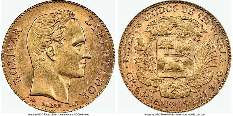Republic gold 20 Bolivares 1905 AU58 NGC, KM-Y32. AGW 0.1867 oz. 

HID0980124201...