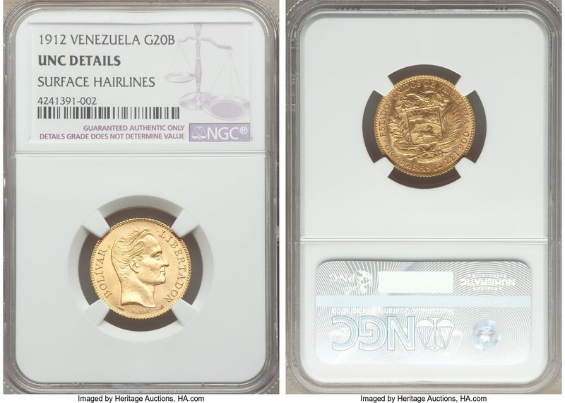 Republic gold 20 Bolivares 1912 UNC Details (Surface Hairlines) NGC, KM-Y32. AGW...