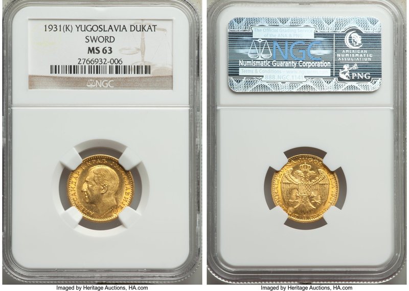 Alexander I gold Ducat 1931-(k) MS63 NGC, Belgrade mint, KM12.3. With sword coun...