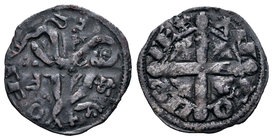 Reino de Castilla y León. Alfonso IX (1188-1230). Dinero. Santiago de Compostela. (Bautista-216). Ve. 0,73 g. Con S/I delante del león y cruz potenzad...