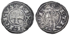 Reino de Castilla y León. Alfonso VIII (1158-1214). Dinero. Toledo. (Bautista-271). Anv.: +REX ALFONSVS. Cruz. Rev.: TOLETA. El rey con espada y brazo...