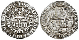 Reino de Castilla y León. Juan II (1406-1454). 1 real. Sevilla. (Bautista-799 variante). Ag. 3,44 g. Tres flores de 5 pétalos y S alrededor del cuarte...