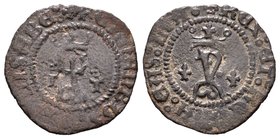 Fernando e Isabel (1474-1504). Blanca. Toledo. (Cal-674). (Rs-860). Ae. 0,81 g. Con T superada por cruz de cinco puntitos a cada lado de F coronada y ...