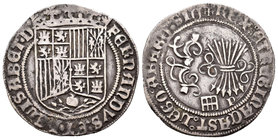 Fernando e Isabel (1474-1504). 1 real. Segovia. P. (Cal-341). Ag. 3,13 g. Acueducto de tres arcos de dos pisos. Escasa. MBC. Est...100,00.