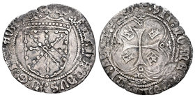 Fernando II (1479-1516). 1 reales. Pamplona. (Cal-113). Ag. 3,14 g. Escudo de Navarra sin enmarcar. MBC+/MBC. Est...220,00.