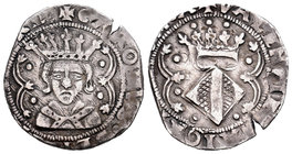 Carlos I (1516-1556). 2 reales. Valencia. (Cal-39 variante). Ag. 4,18 g. Busto barbado y sin escudete con león en reverso. ¿Inédita?. MBC+. Est...350,...