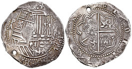 Felipe II (1556-1598). 8 reales. Potosí. A. (Cal-157). Ag. 27,05 g. Agujero. Doble acuñación. MBC. Est...140,00.
