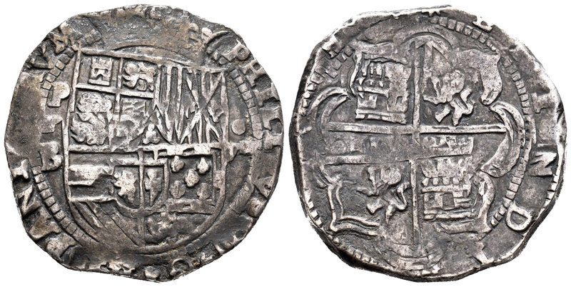 Felipe II (1556-1598). 8 reales. Potosí. B. (Cal-158). Ag. 27,44 g. Cinco flores...