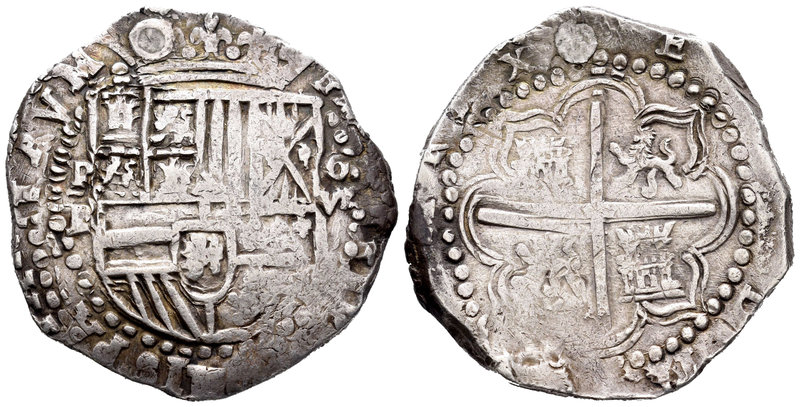 Felipe II (1556-1598). 8 reales. Potosí. B. (Cal-158). Ag. 27,28 g. Agujero tapa...