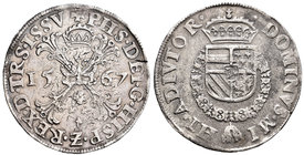 Felipe II (1556-1598). 1 escudo de borgoña. 1567. Hasselt (Overijssel). (Vti-1328). Ag. 28,49 g. Plata agria y leves oxidaciones. Escasa. MBC+. Est......