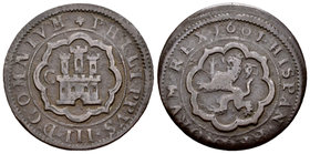 Felipe III (1598-1621). 4 maravedís. 1601. Segovia. C. (Cal-749, como 8 maravedís). (Jarabo-Sanahuja-C25). Ae. 6,57 g. Sin indicación de ceca ni valor...