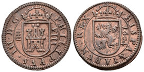 Felipe III (1598-1621). 8 maravedís. 1604. Segovia. (Cal-760). (Jarabo-Sanahuja-D218). Ae. 6,38 g. Torre central con dos almenas. MBC+. Est...40,00.