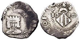 Felipe III (1598-1621). Dieciocheno. 1610. Valencia. (Cal-511 variante). Ag. 2,28 g. Busto pequeño. Doble acuñación. MBC-. Est...50,00.