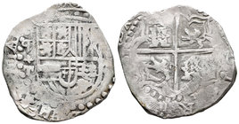 Felipe III (1598-1621). 8 reales. ¿1620?. Potosí. T (Juan Ximénez de Tapia). (Cal-¿136?). Ag. 26,54 g. Ceca invertida. Fecha no visible. Rara. MBC. Es...