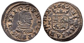 Felipe IV (1621-1665). 8 maravedís. 1662. Madrid. Y. (Cal-no cita). (Jarabo-Sanahuja-M317). Ae. 1,77 g. Marca de ceca MD bajo el castillo. EBC-/MBC+. ...