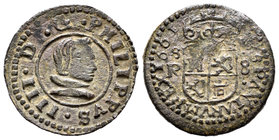 Felipe IV (1621-1665). 8 maravedís. 1661. Sevilla. R. (Cal-1581). (Jarabo-Sanahuja-M629). Ae. 2,43 g. Las letras A son V invertidas. Defecto de acuñac...