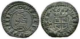 Felipe IV (1621-1665). 8 maravedís. 1663. Trujillo. M. (Cal-no cita). (Jarabo-Sanahuja-M733). Ae. 2,39 g. Ceca debajo del escudo. Concreciones. MBC+/M...