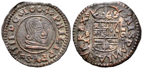 Felipe IV (1621-1665). 16 maravedís. 1664. Trujillo. M. (Cal-1635). (Jarabo-Sanahuja-M717). Ae. 3,76 g. La N de HISPANIARVM invertida. MBC+/MBC. Est.....