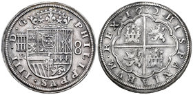 Felipe IV (1621-1665). 8 reales. 1632. Segovia. R. (Cal-570). Ag. 27,19 g. Primer año del tipo con valor en arábigo. Acueducto grande de dos arcos de ...