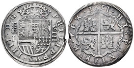 Felipe IV (1621-1665). 8 reales. 1651/31. Segovia. I/R. (Cal-no cita). Ag. 27,07 g. Rectificaciones de fecha y ensayador. Final de riel. Inédita. Muy ...