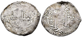 Felipe IV (1621-1665). 8 reales. 1655. Potosí. E. (Cal-439). Ag. 26,93 g. Dos fechas en reverso. Doble acuñación. BC+/MBC-. Est...150,00.