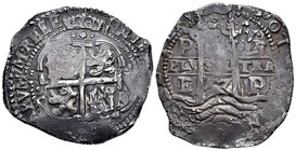 Felipe IV (1621-1665). 8 reales. 1657. Potosí. E (Antonio de Ergueta). (Cal-445). Ag. 27,17 g. Leyenda de anverso terminar en REEE en lugar de REX y g...