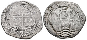 Felipe IV (1621-1665). 8 reales. 1657. Potosí. E (Paoletti-280). (Cal-no cita). Ag. 25,17 g. Raro error con ceca y ensayador intercambiados en anverso...