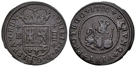 Felipe V (1700-1746). 4 maravedís. 1720. Barcelona. (Cal-1939). Ae. 8,64 g. MBC-. Est...25,00.