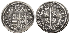 Felipe V (1700-1746). 1 real. 1718. Cuenca. JJ. (Cal-1451). Ag. 2,56 g. MBC-. Est...30,00.