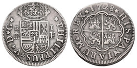 Felipe V (1700-1746). 1 real. 1728. Segovia. F. (Cal-1694). Ag. 2,81 g. MBC. Est...45,00.