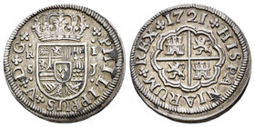 Felipe V (1700-1746). 1 real. 1721. Sevilla. J. (Cal-1709). Ag. 2,79 g. Tono. MBC+. Est...70,00.