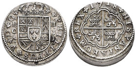 Felipe V (1700-1746). 2 reales. 1718. Cuenca. JJ. (Cal-1161). Ag. 5,77 g. Acuñación ligeramente desplazada. EBC-. Est...70,00.
